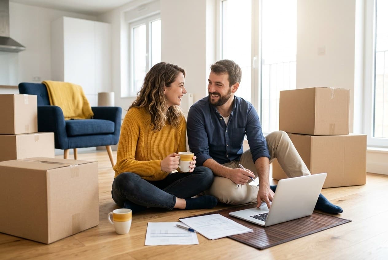 Couple in a newly rented flat surrounded by moving boxes