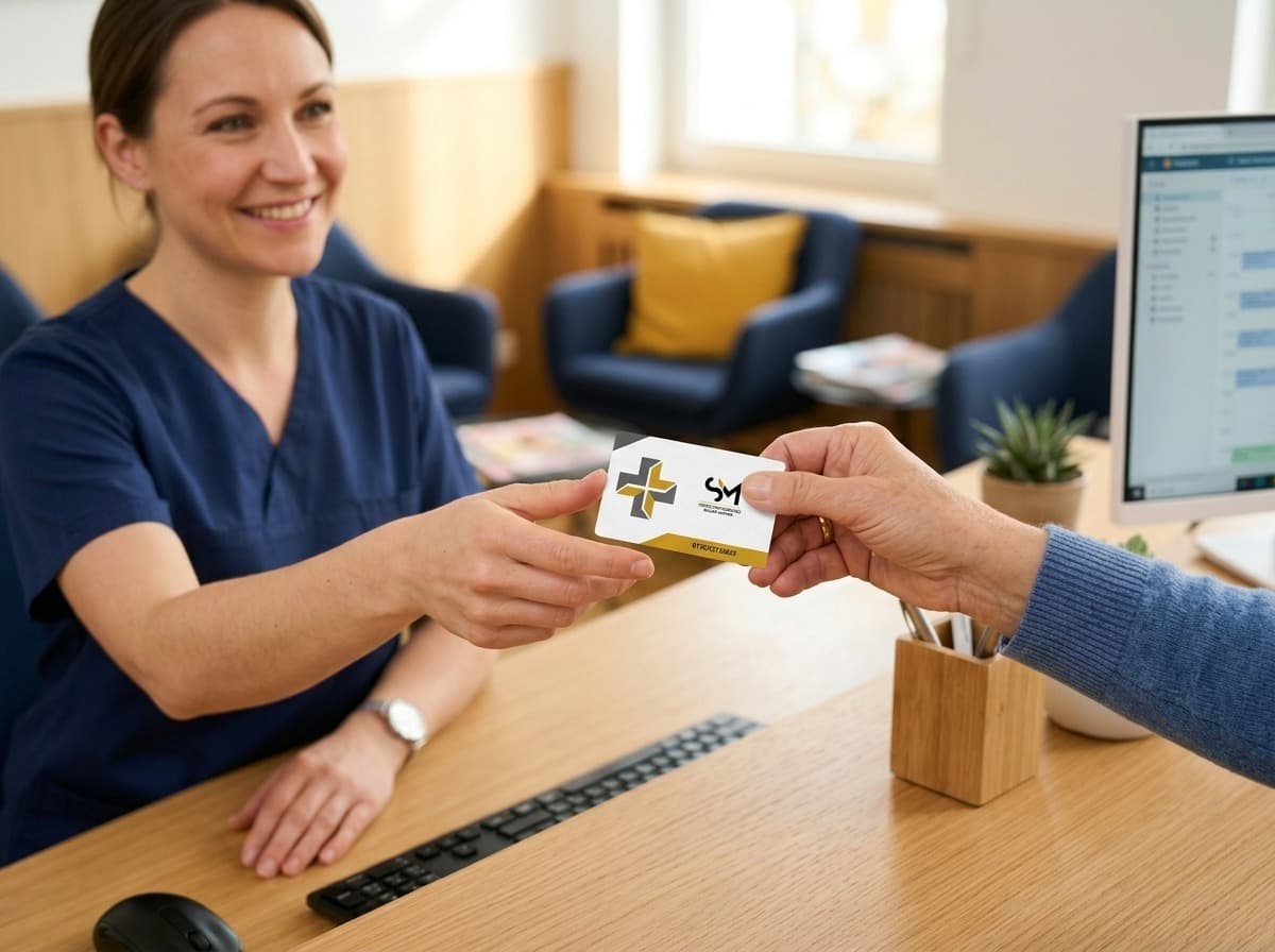 Patient handing an insurance card to a receptionist at a medical practice